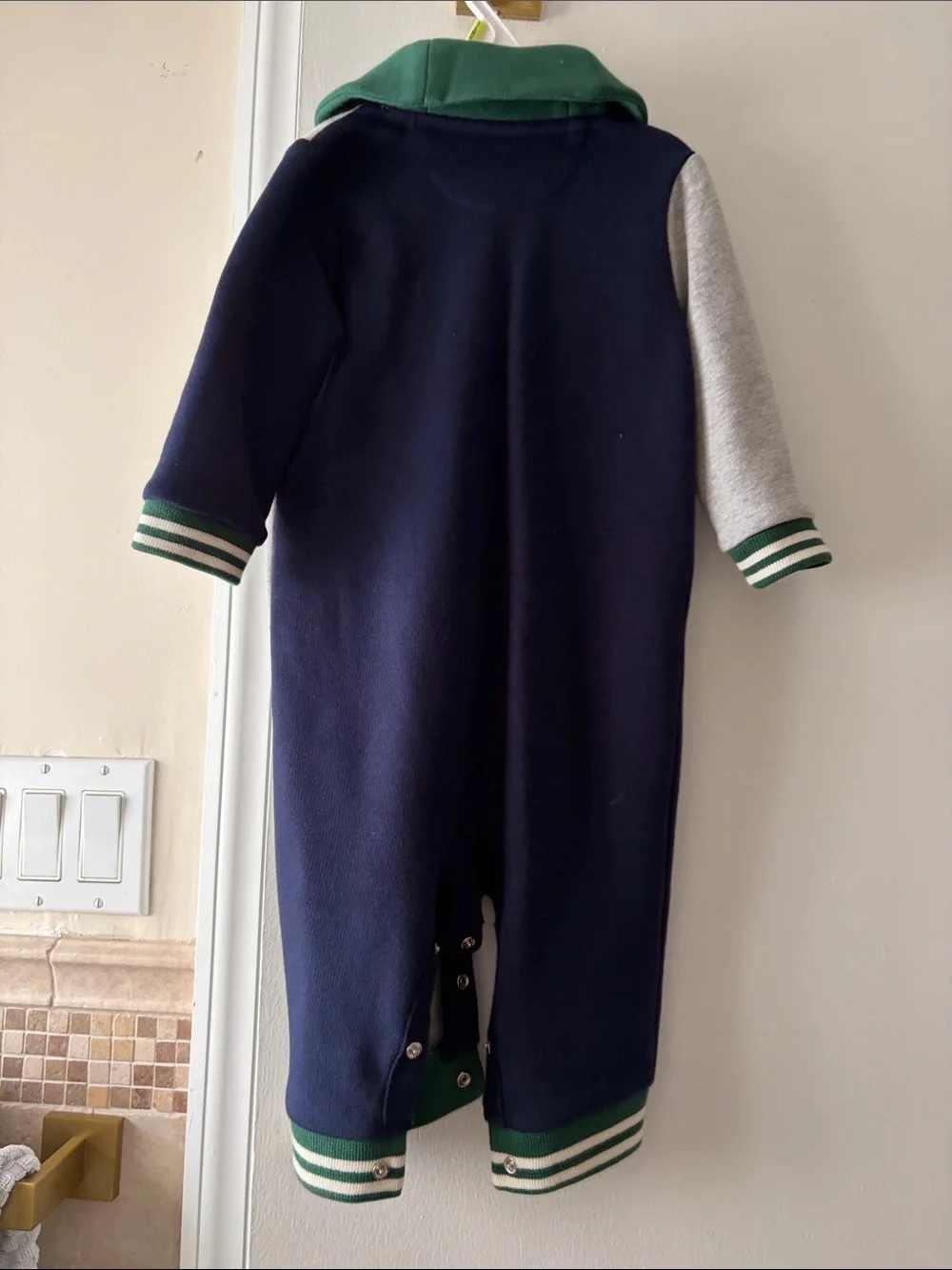 Polo Ralph Lauren Colorblock Hooded Romper - Navy, Gray & Green. 9M baby